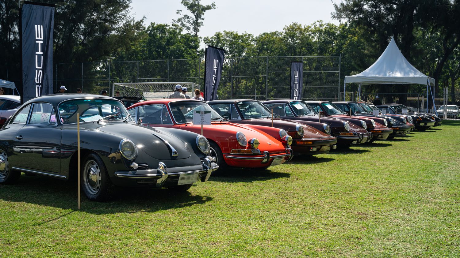 Fila de autos clásicos y deportivos en exhibición